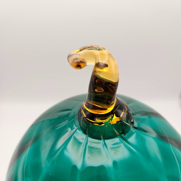 Hand-Blown Glass Pumpkin – Teal Green w/ Amber Stem – 11” Tall – Art Glass Decor - Picture 2 of 3